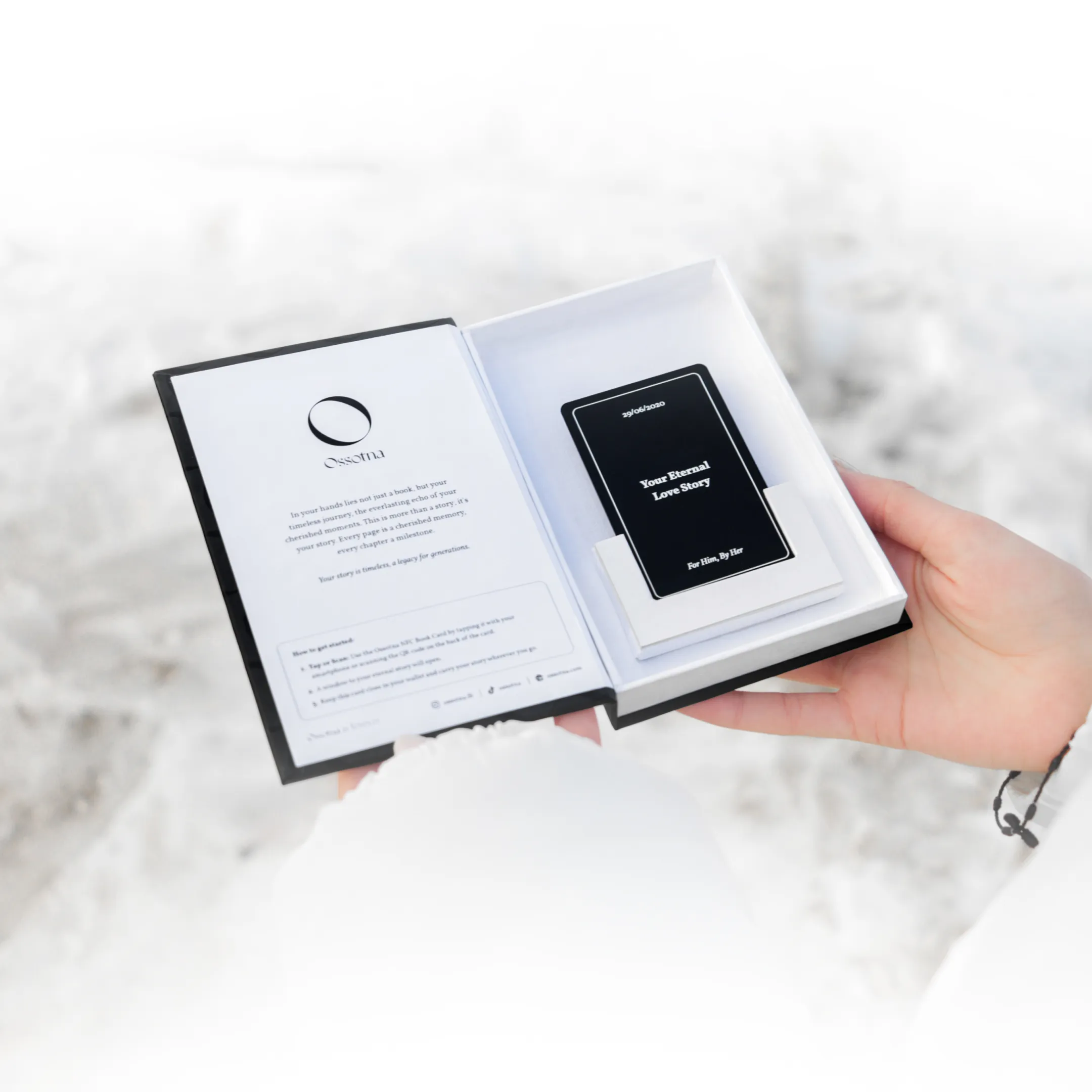 Ossotna handcrafted book box holding an NFC story card